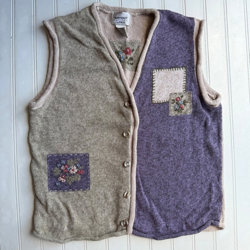 Monterey Petites by Koret Floral Embroidered Colorblock Sweater Vest Purple P